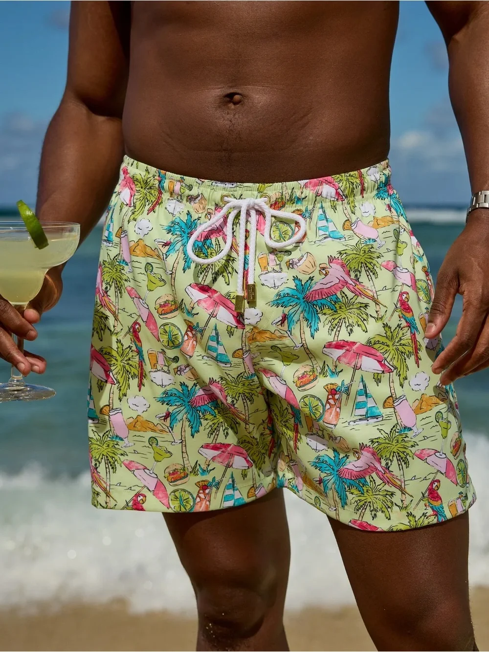 Kenny Flowers Lime Tropical Print Swim Trunks with Pink & Teal Accents